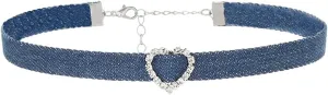 Punk Denim Choker Necklace with Crystal Heart Circle Square Teardrop Pendant Blue Jean Fabric Collar Adjustable Chain