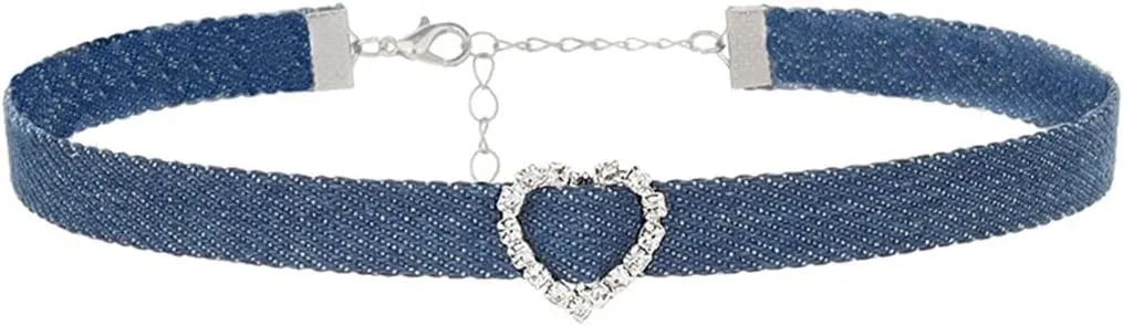 Punk Denim Choker Necklace with Crystal Heart Circle Square Teardrop Pendant Blue Jean Fabric Collar Adjustable Chain