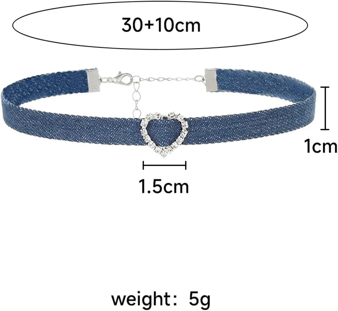 Punk Denim Choker Necklace with Crystal Heart Circle Square Teardrop Pendant Blue Jean Fabric Collar Adjustable Chain