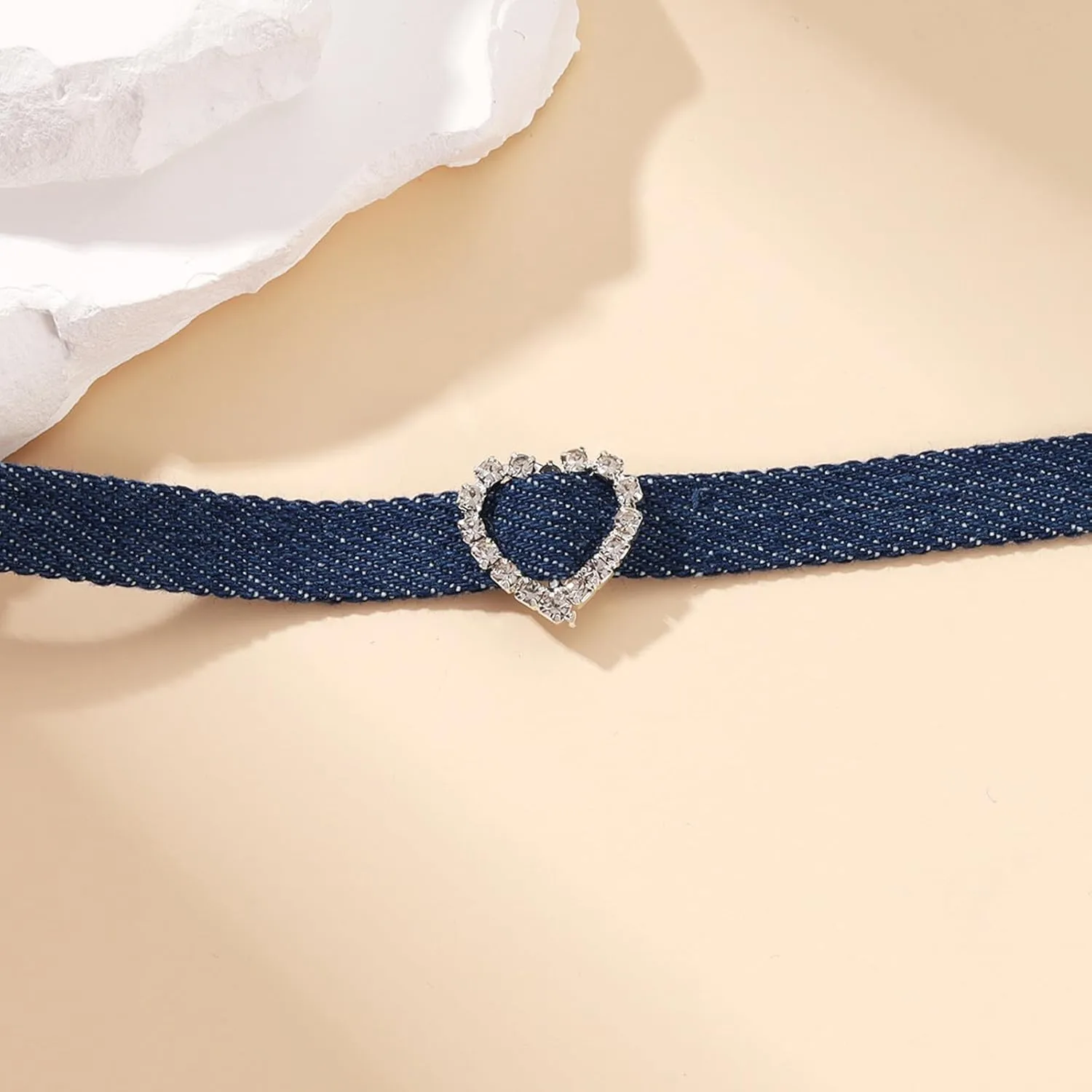 Punk Denim Choker Necklace with Crystal Heart Circle Square Teardrop Pendant Blue Jean Fabric Collar Adjustable Chain