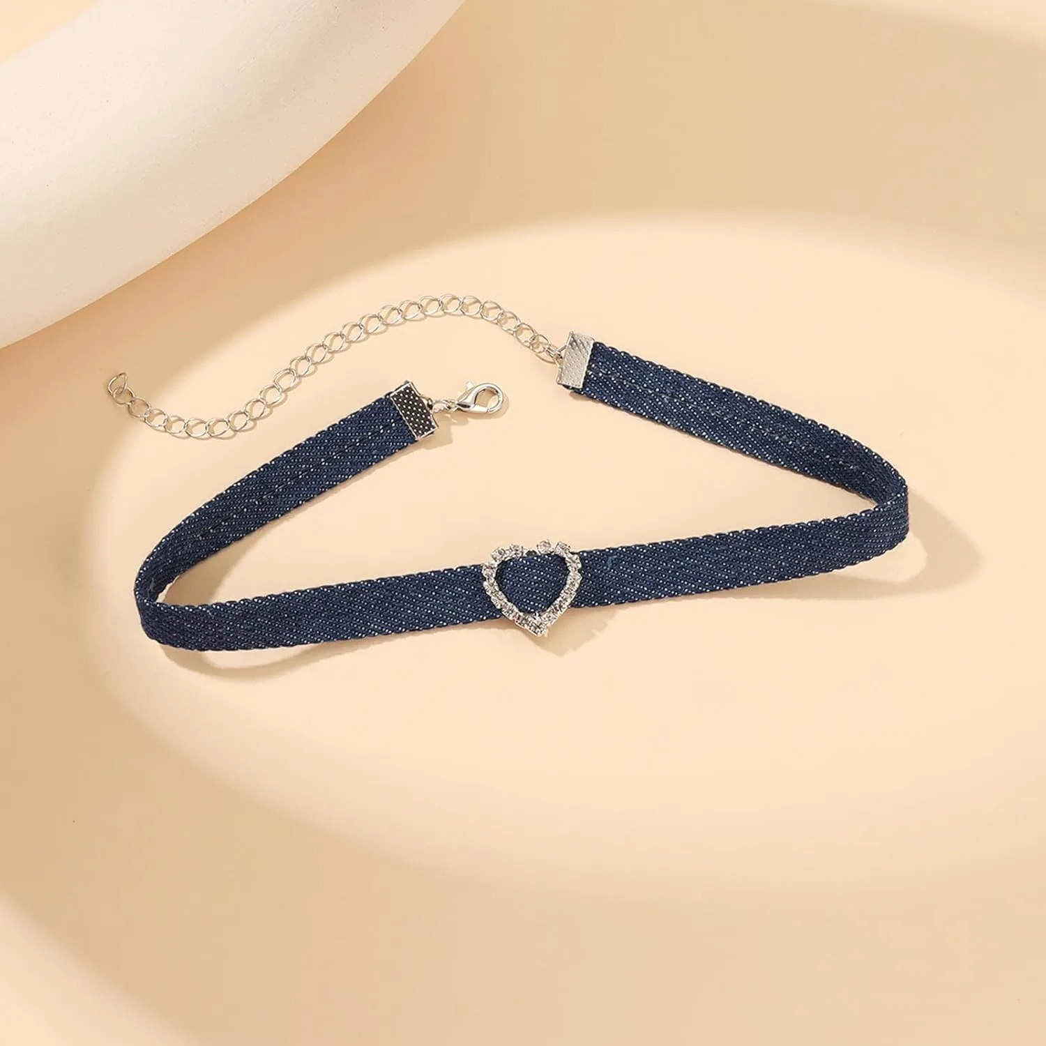 Punk Denim Choker Necklace with Crystal Heart Circle Square Teardrop Pendant Blue Jean Fabric Collar Adjustable Chain