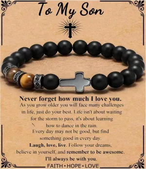 QWNHONEY Cross Bracelet for Men Father Dad Husband Son Brother Boyfriend Father's Day Baptism Communion Birthday Graduation Anniversary Christmas Christian Black Tiger Eyes Bead