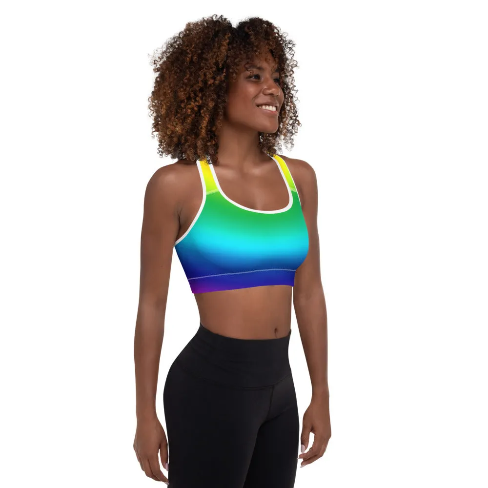 Radial Rainbow Ombre Fitness Bra, Women's Padded Gym Fitness Sports Bra- Made in USA/EU