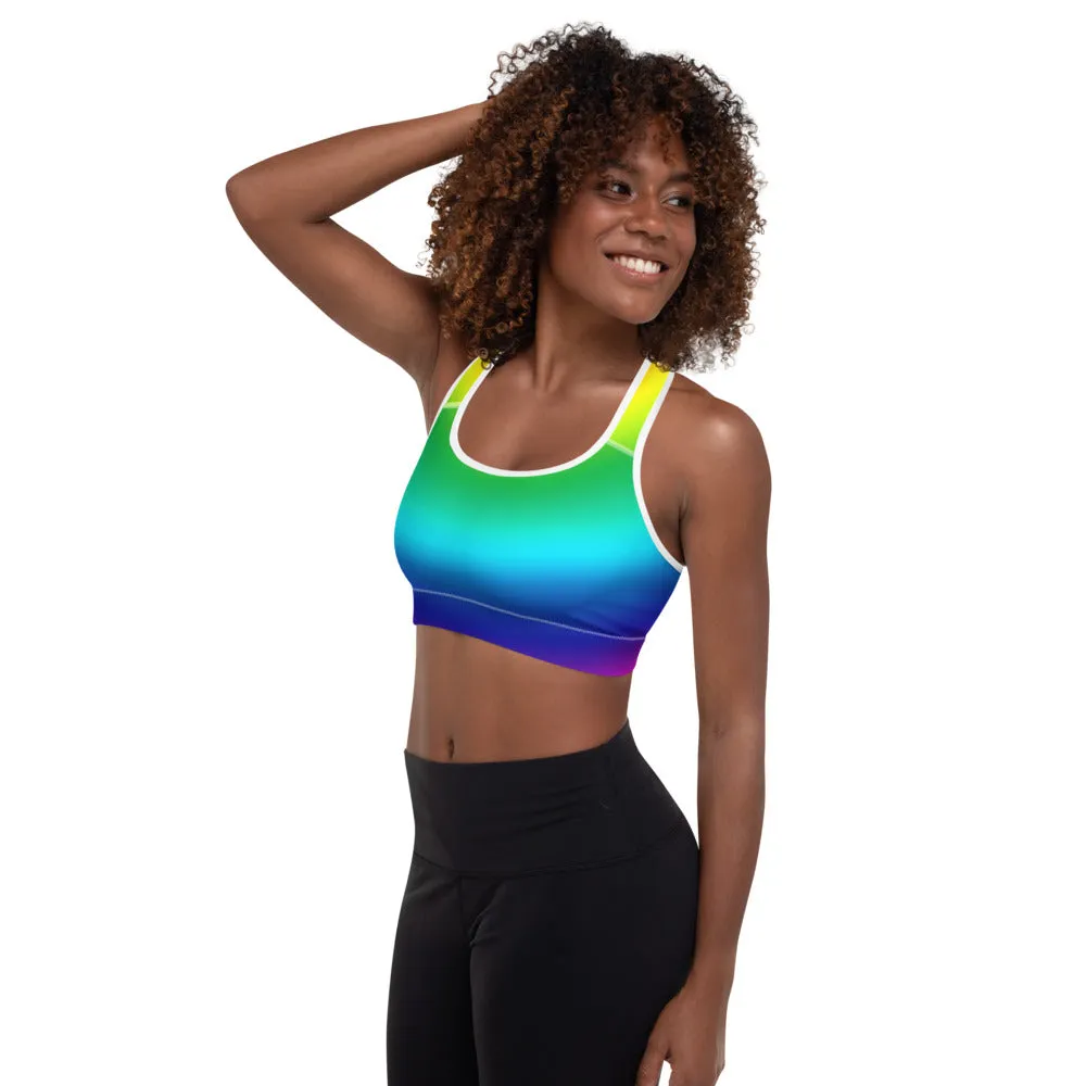 Radial Rainbow Ombre Fitness Bra, Women's Padded Gym Fitness Sports Bra- Made in USA/EU