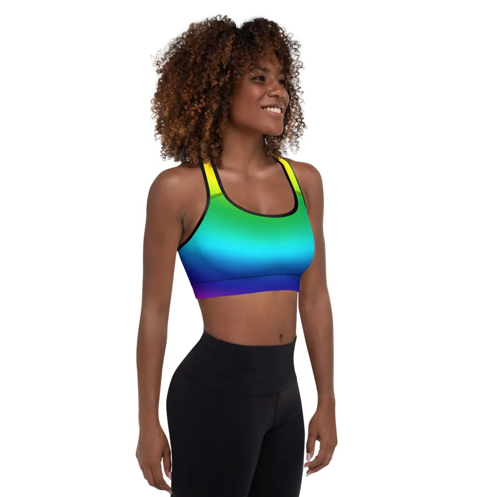 Radial Rainbow Ombre Fitness Bra, Women's Padded Gym Fitness Sports Bra- Made in USA/EU