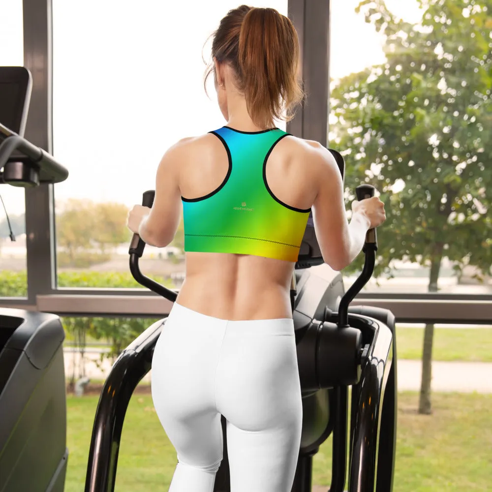 Rainbow Diagonal Stripe Sports Bra, Print Women's Padded Fitness Gym Bra- Made in USA/EU