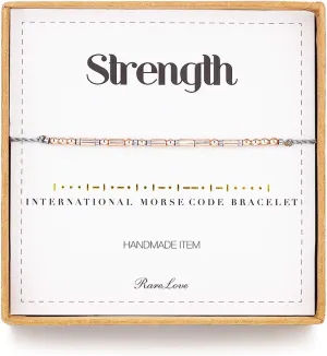 RareLove Strength Morse Code Bracelets Be Strong Inspirational Encouragement Friendship Gift For Women Tiny Beads Grey String Bracelet