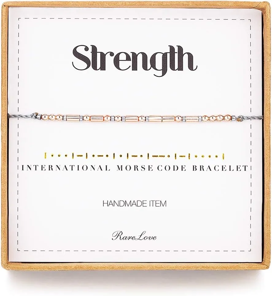 RareLove Strength Morse Code Bracelets Be Strong Inspirational Encouragement Friendship Gift For Women Tiny Beads Grey String Bracelet