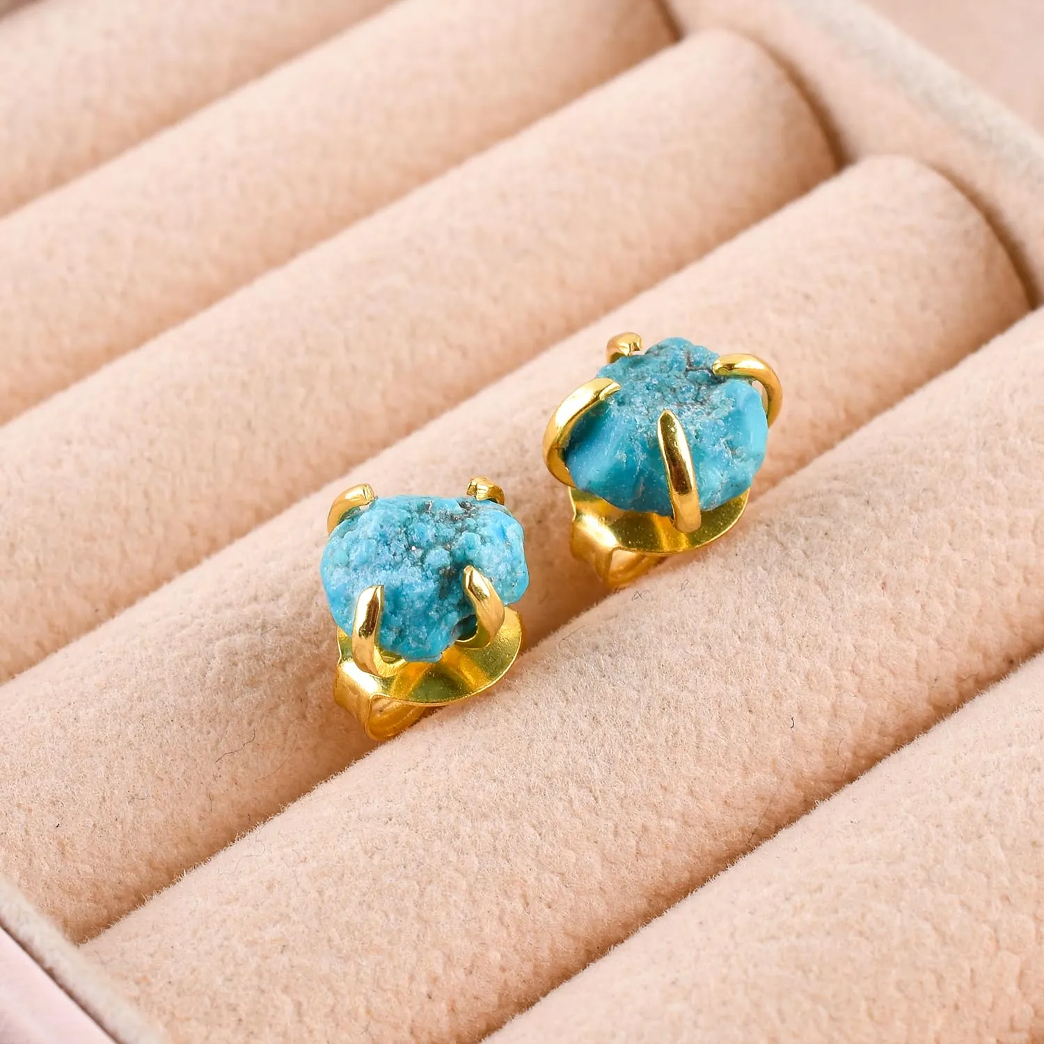 Raw Turquoise Gold Stud Earrings For Women Natural Blue Gemstone Dainty Pair, December Birthstone Energy Crystals Jewelry 14K Gold Plating Flat Back Earrings Trendy Gifts For Mom