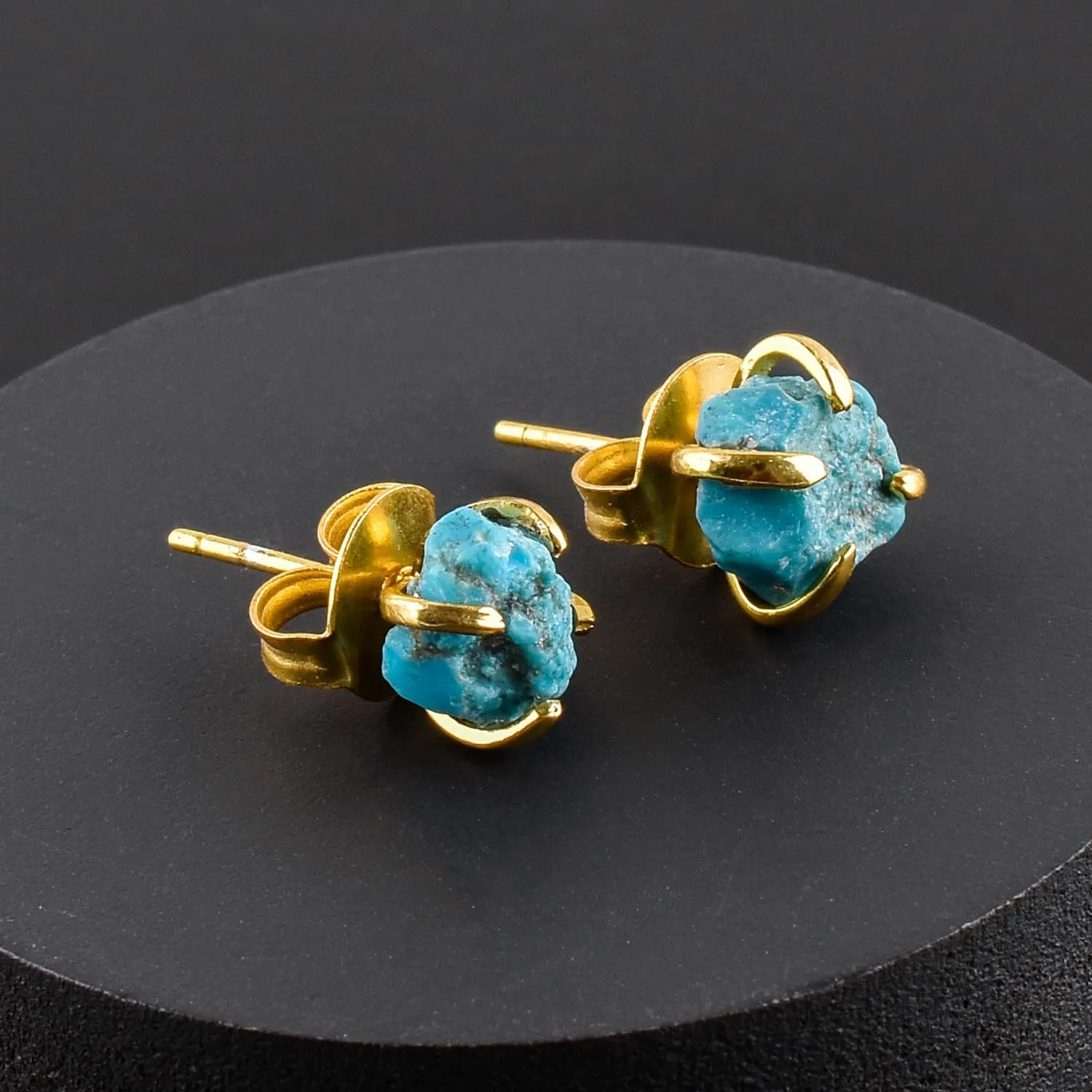 Raw Turquoise Gold Stud Earrings For Women Natural Blue Gemstone Dainty Pair, December Birthstone Energy Crystals Jewelry 14K Gold Plating Flat Back Earrings Trendy Gifts For Mom