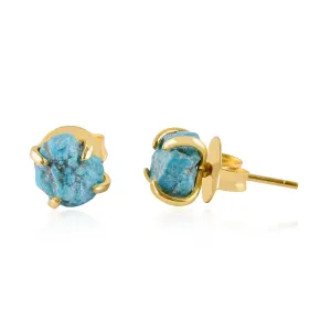 Raw Turquoise Gold Stud Earrings For Women Natural Blue Gemstone Dainty Pair, December Birthstone Energy Crystals Jewelry 14K Gold Plating Flat Back Earrings Trendy Gifts For Mom