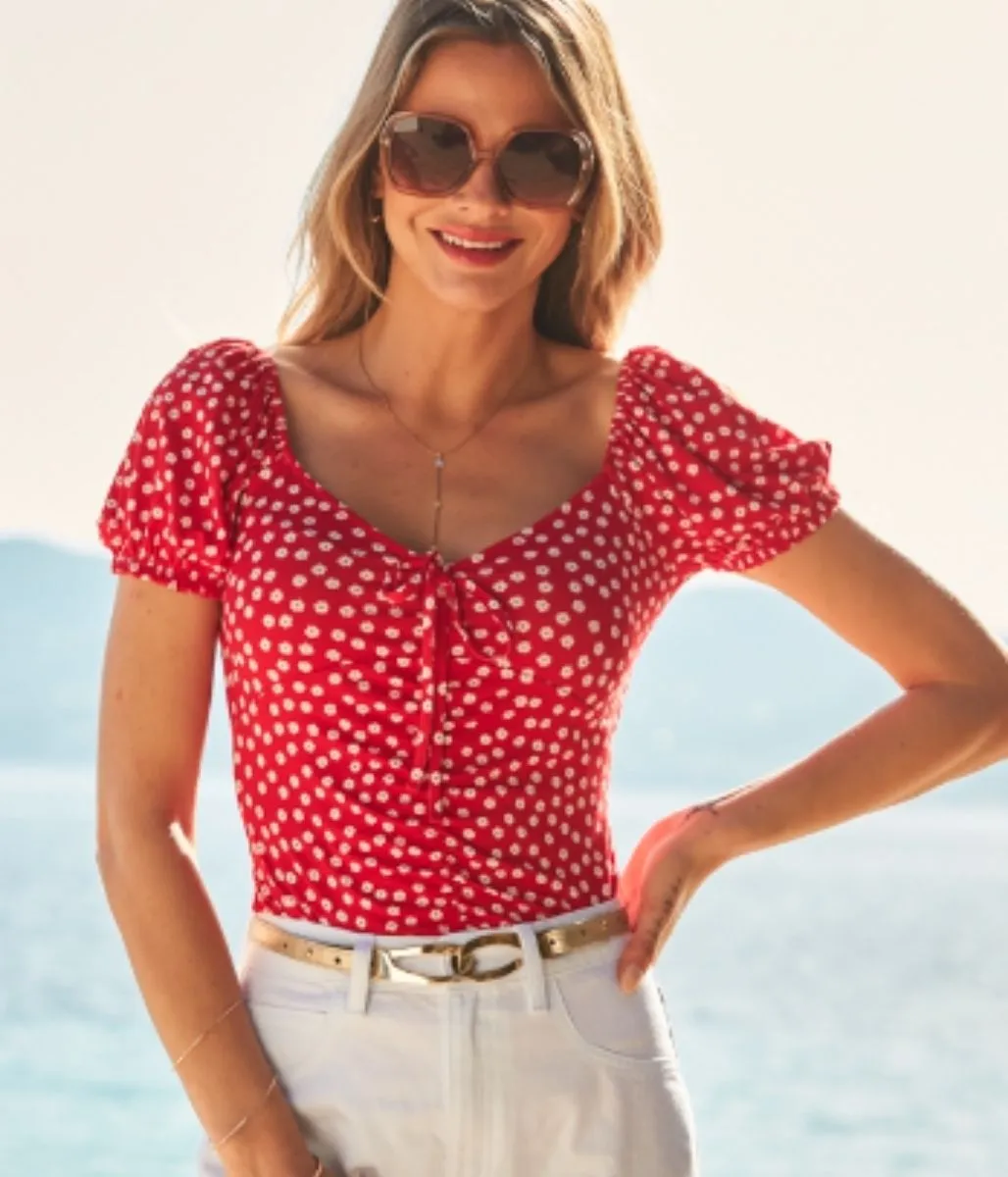 Red Daisy Print Ruched Top