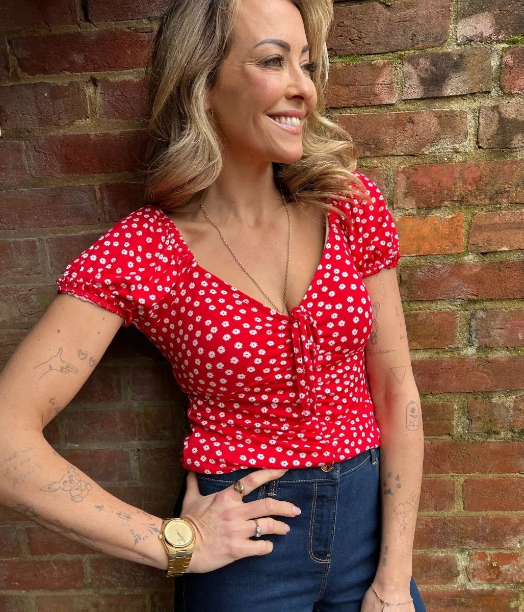 Red Daisy Print Ruched Top