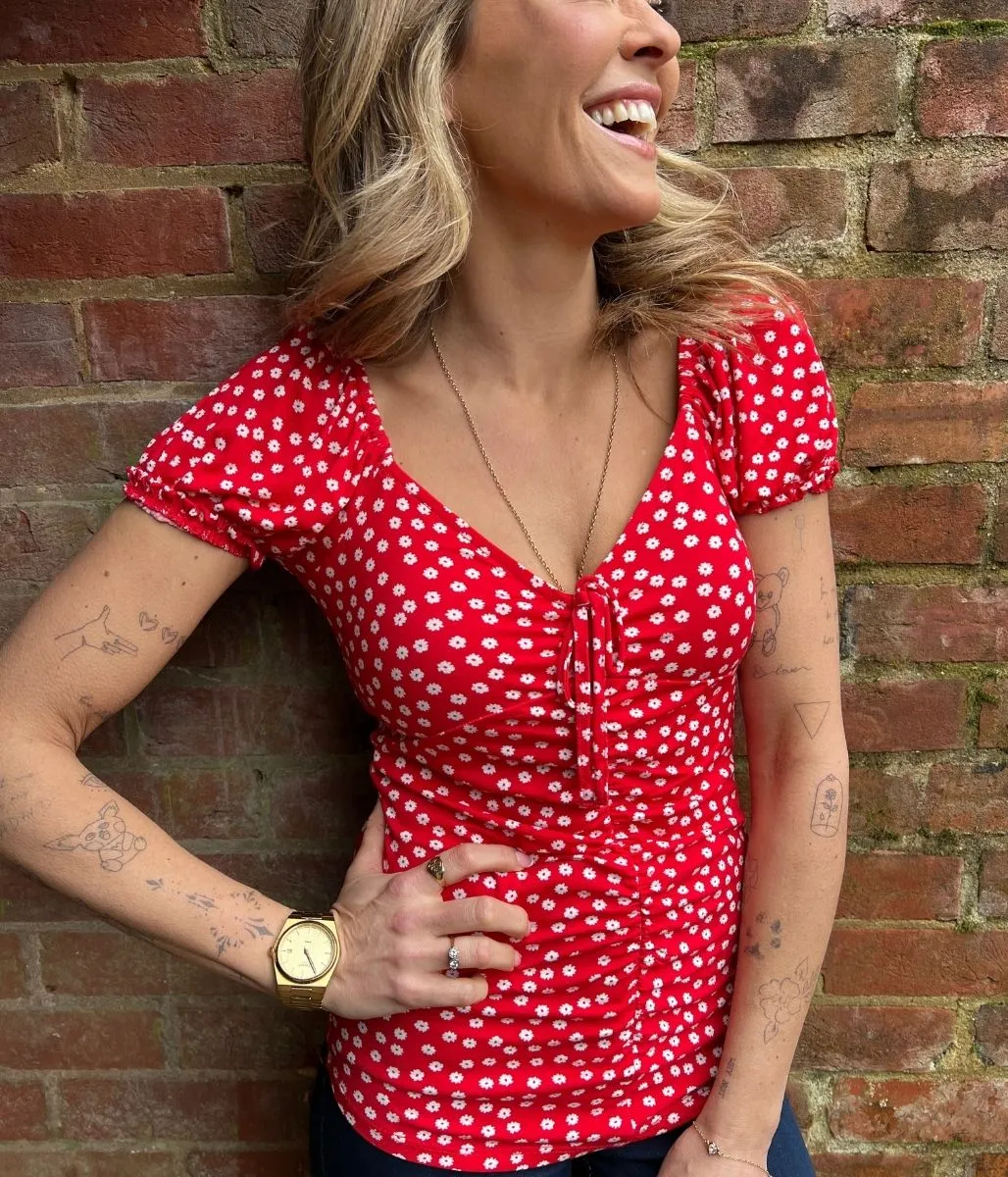 Red Daisy Print Ruched Top