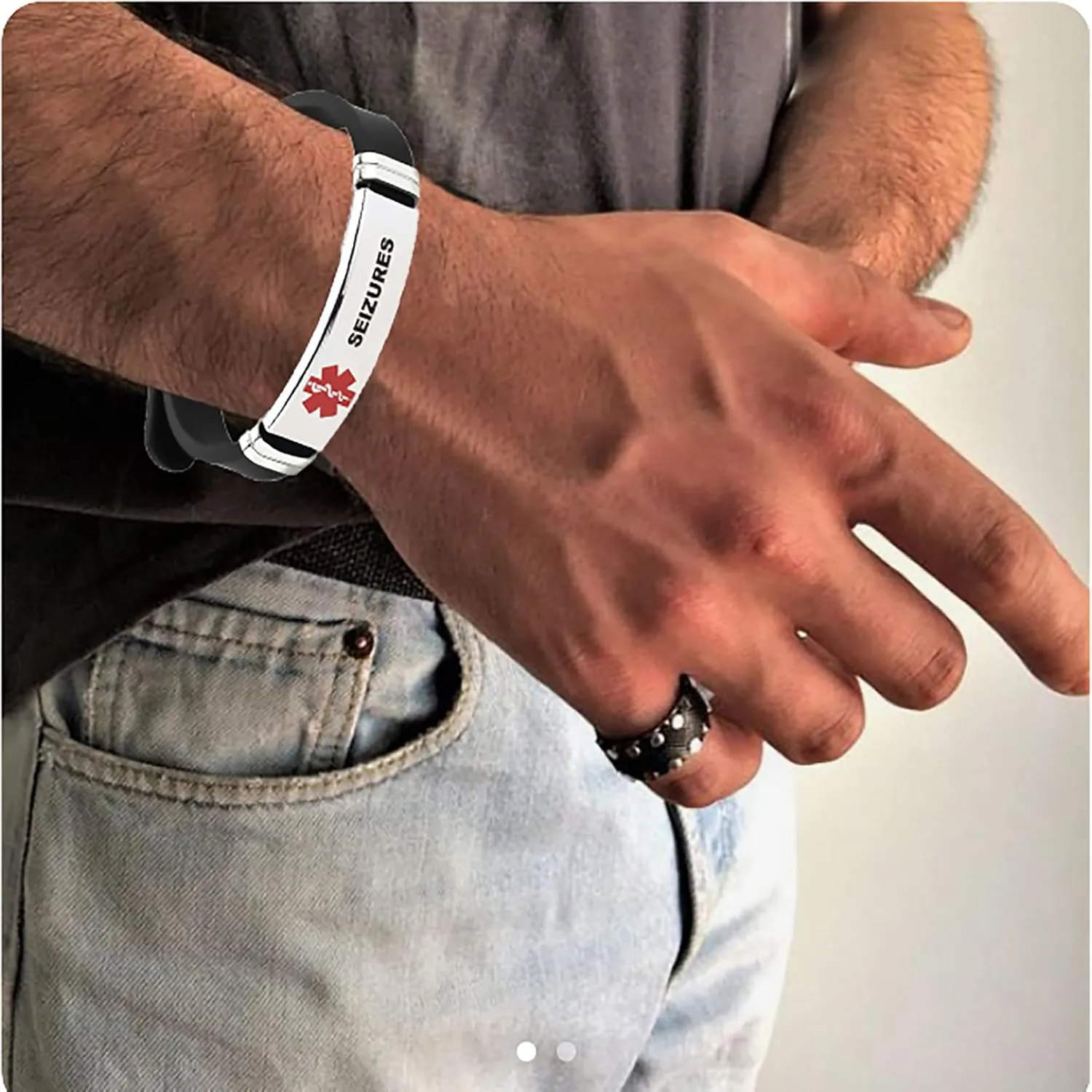 Red Medical Alert ID Bracelet for Women Men's Emergency First Aid Health Alert Laser Engraved Satinless Steel Adjustable Silicone Wristband Bracelets