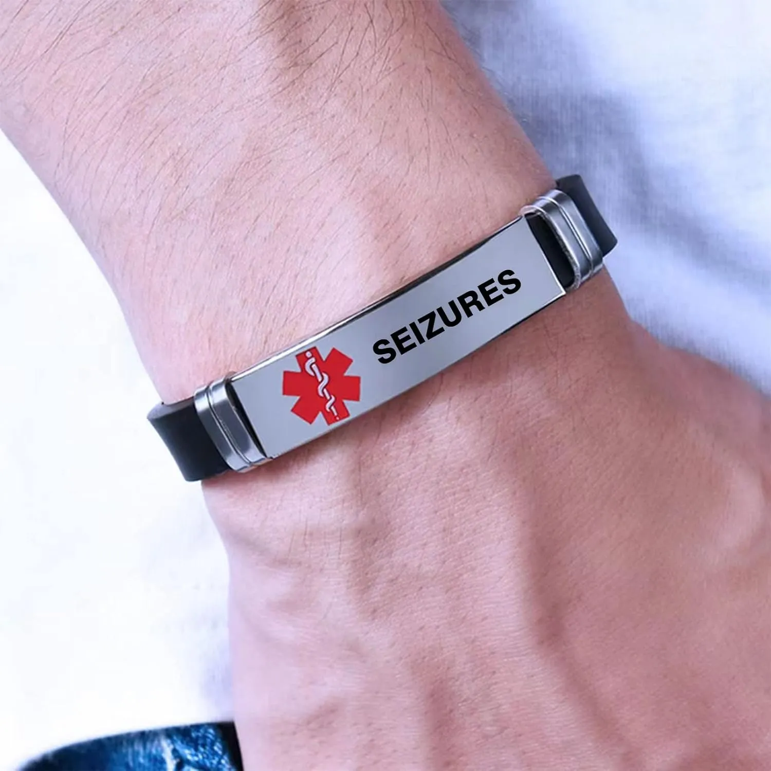 Red Medical Alert ID Bracelet for Women Men's Emergency First Aid Health Alert Laser Engraved Satinless Steel Adjustable Silicone Wristband Bracelets