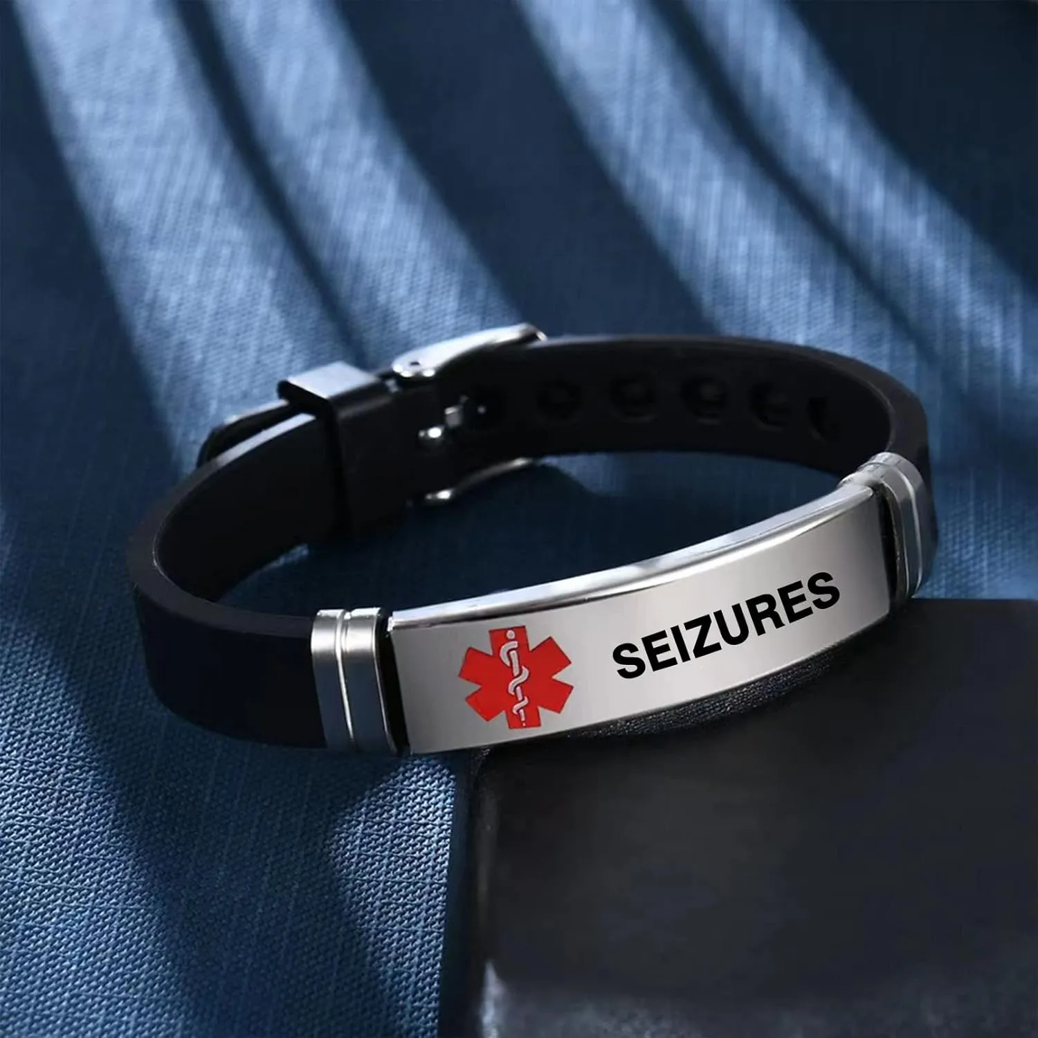 Red Medical Alert ID Bracelet for Women Men's Emergency First Aid Health Alert Laser Engraved Satinless Steel Adjustable Silicone Wristband Bracelets
