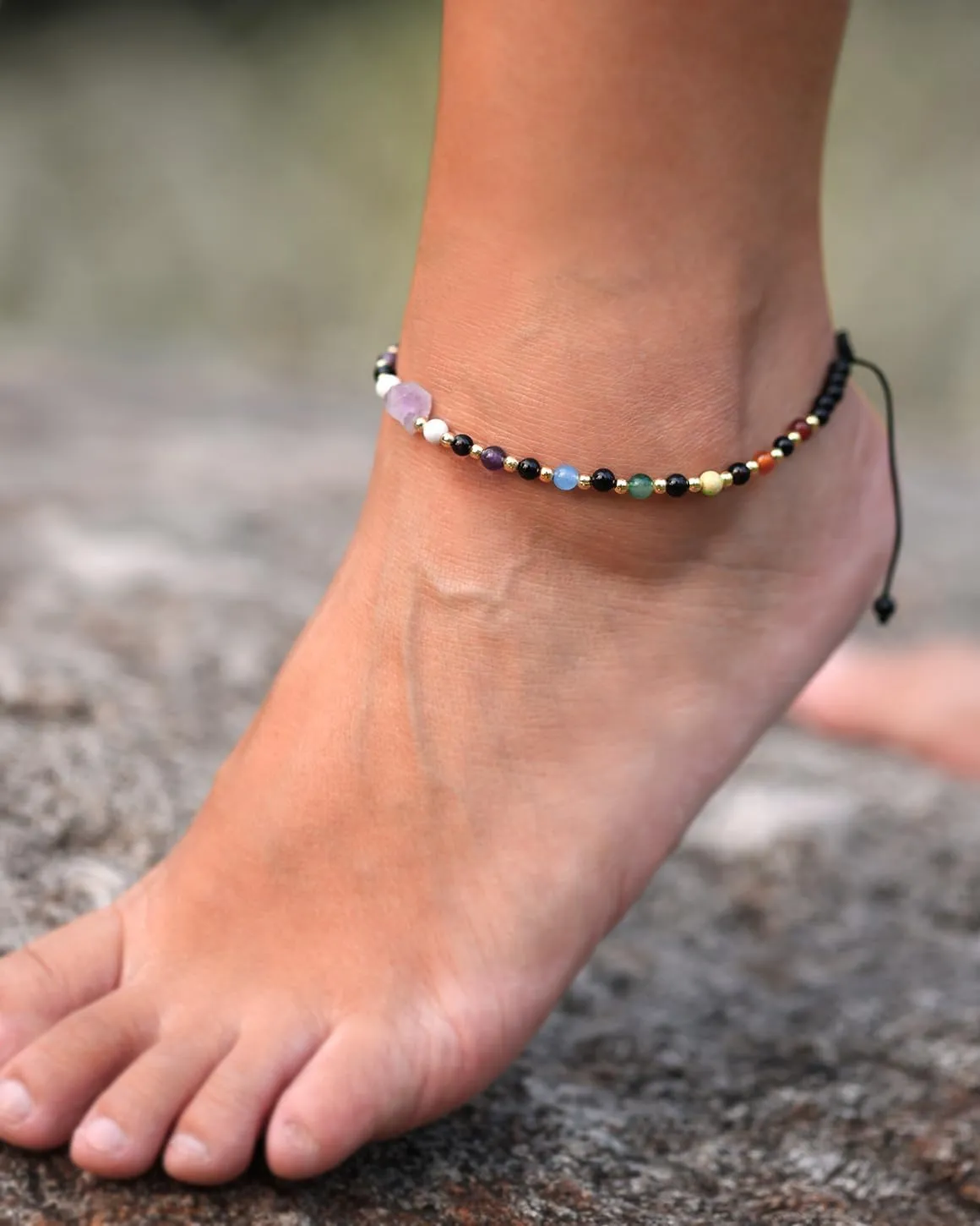 Reiki 7 Chakra Beaded Anklet Raw Amethyst Ankle Bracelets for Women Spiritual Crystals Meditation Yoga Foot Jewelry