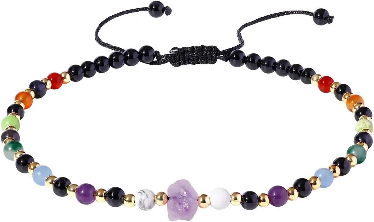 Reiki 7 Chakra Beaded Anklet Raw Amethyst Ankle Bracelets for Women Spiritual Crystals Meditation Yoga Foot Jewelry