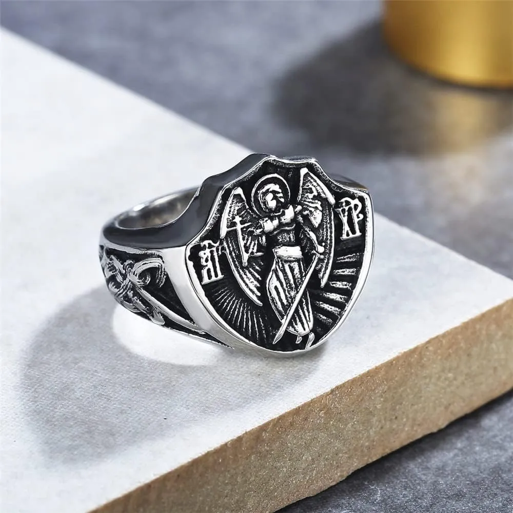 Religious Retro Archangel Faith Ring, Men Ladies Stainless Steel Angel Protector Amulet Ring