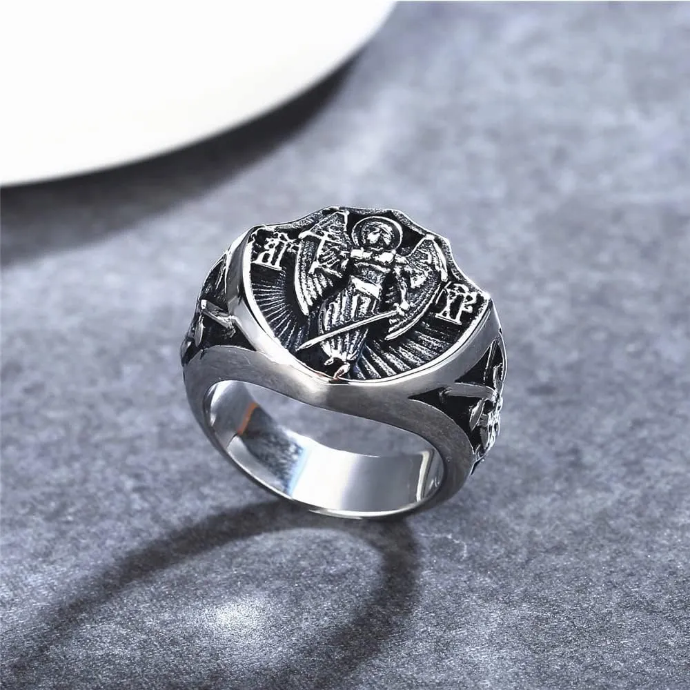 Religious Retro Archangel Faith Ring, Men Ladies Stainless Steel Angel Protector Amulet Ring