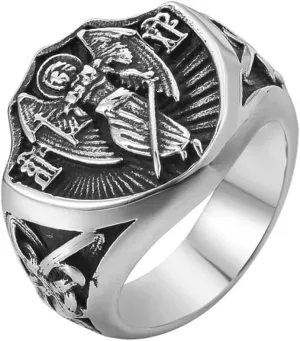 Religious Retro Archangel Faith Ring, Men Ladies Stainless Steel Angel Protector Amulet Ring