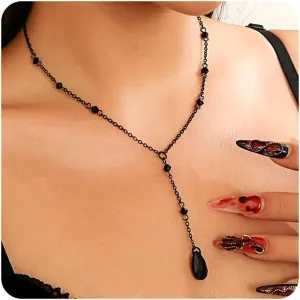 Retro Goth Red Teardrop Pendant Necklace,Black Rhinestone Chain Tassel Y Necklace,Y2k Punk Blood Water Drop Choker Necklace Vampire Halloween Jewelry
