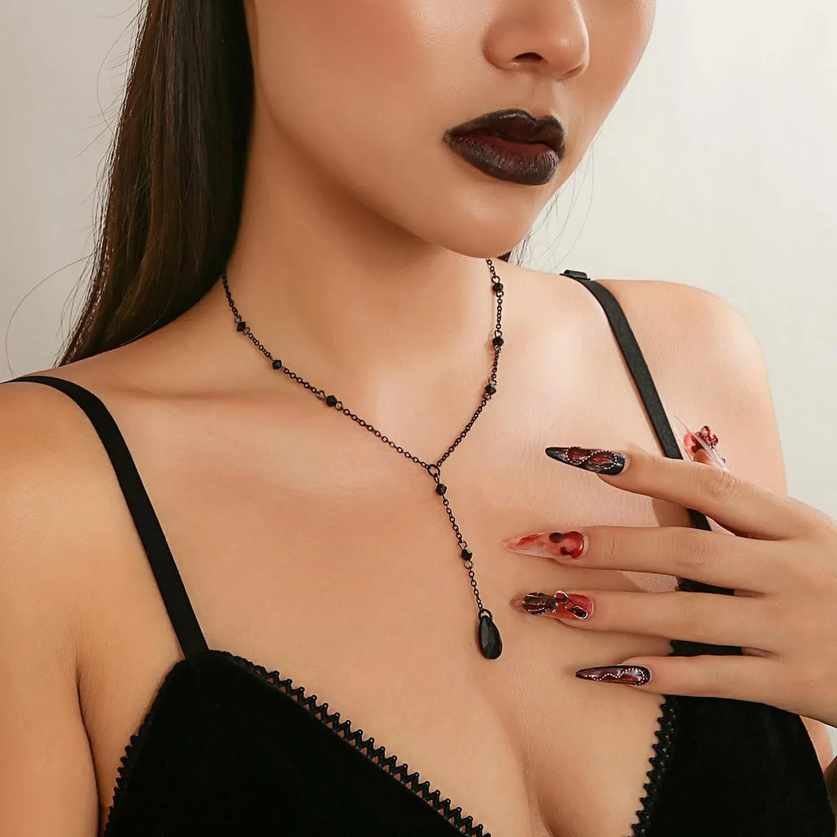 Retro Goth Red Teardrop Pendant Necklace,Black Rhinestone Chain Tassel Y Necklace,Y2k Punk Blood Water Drop Choker Necklace Vampire Halloween Jewelry