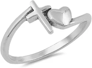Rhodium Plated Sterling Silver Cross and Heart Ring