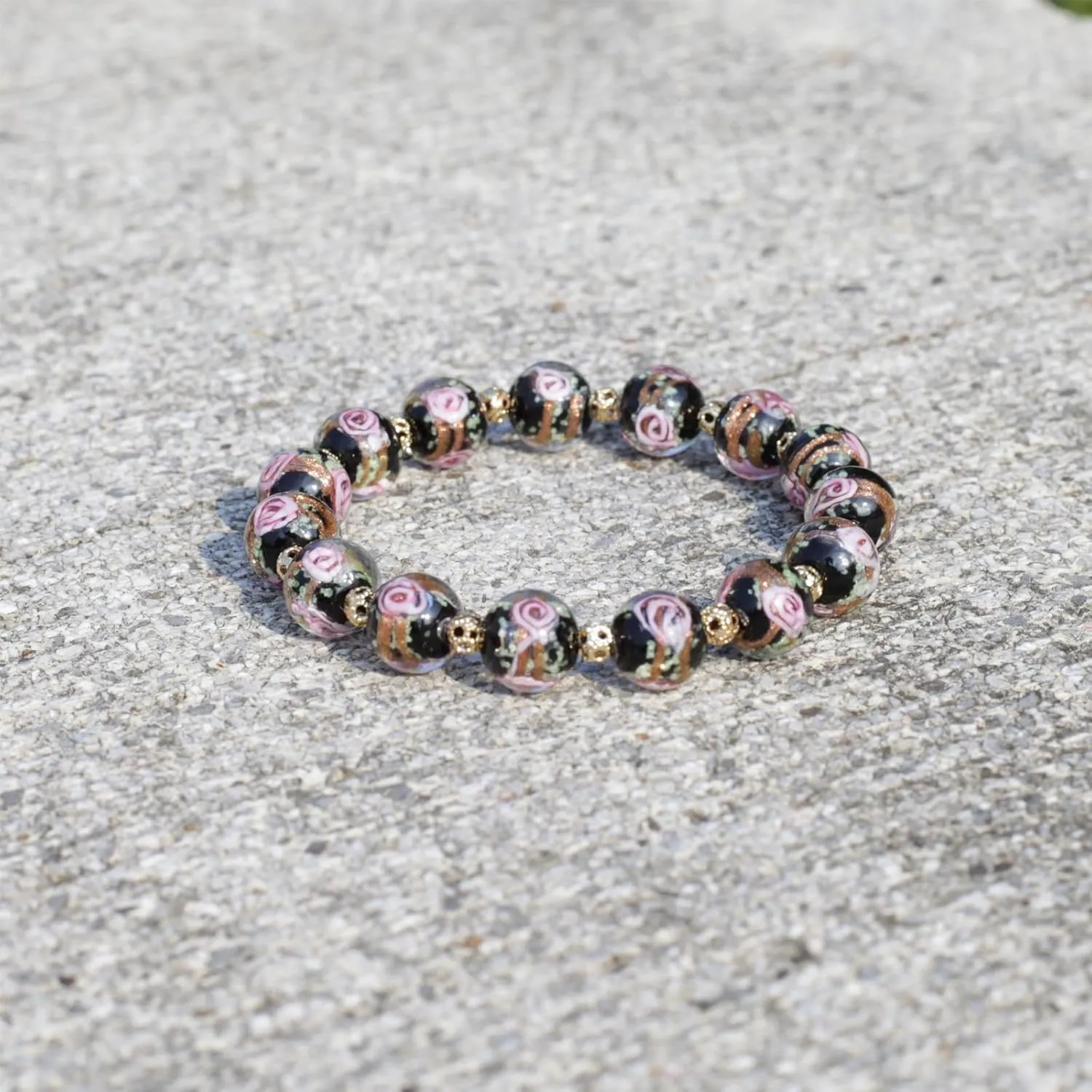 Rose luminous Bead Stretch Bracelet for Women, Firefly Glow in The Dark Luminous Healing Crystal Glass Beads Bracelet Jewelry for Women