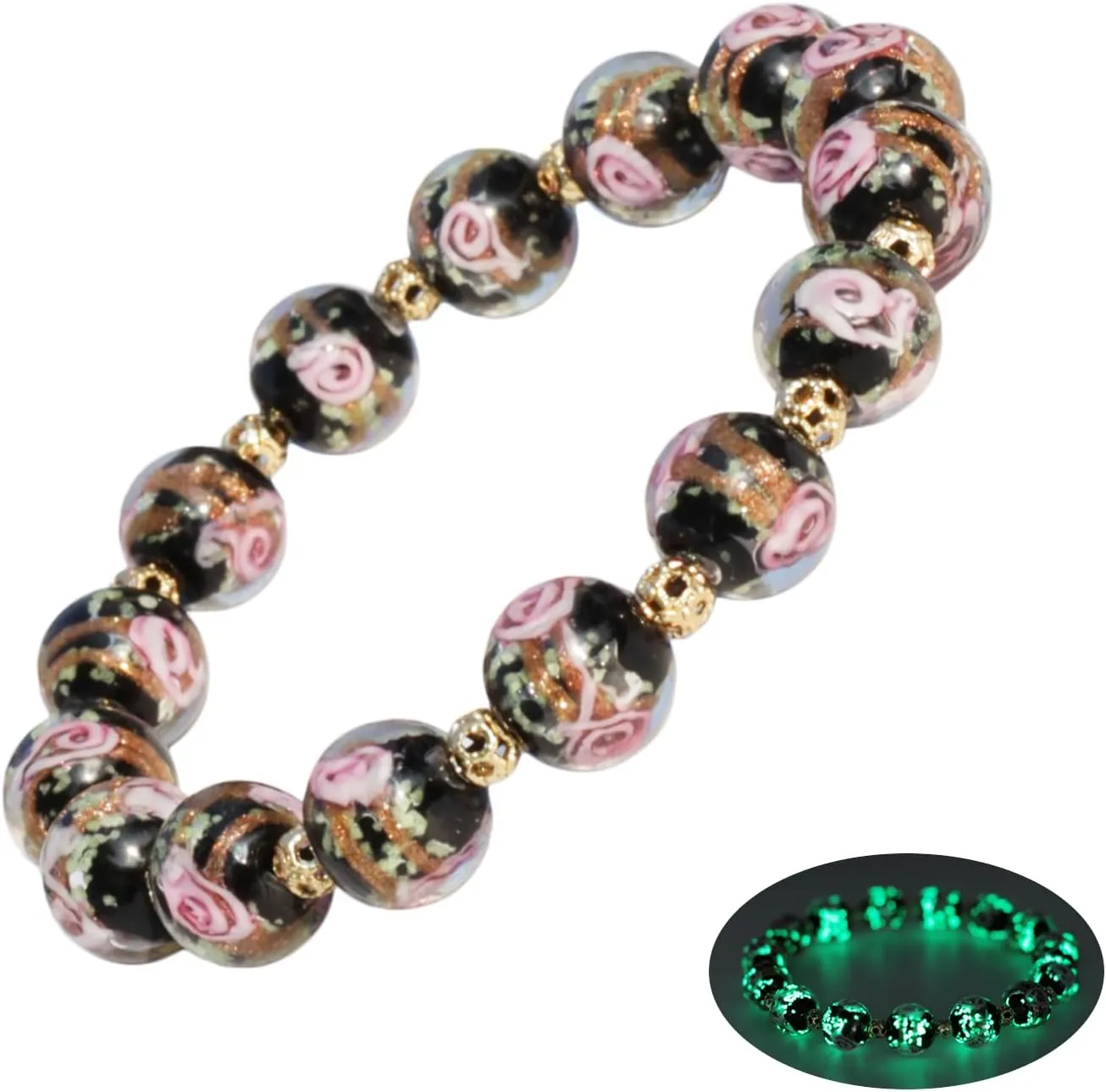 Rose luminous Bead Stretch Bracelet for Women, Firefly Glow in The Dark Luminous Healing Crystal Glass Beads Bracelet Jewelry for Women