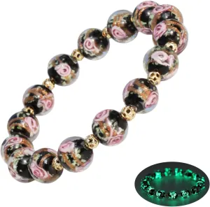 Rose luminous Bead Stretch Bracelet for Women, Firefly Glow in The Dark Luminous Healing Crystal Glass Beads Bracelet Jewelry for Women