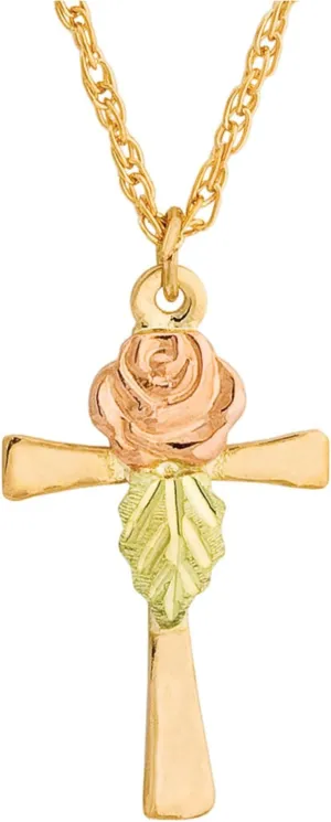 Rose on Cross Pendant Necklace, 10k Yellow Gold & 12k Green and Rose Black Hills Gold Motif, Hand-Engraved Grape Leaves, 18" Chain  Religious Jewelry Gift for Women with Gift Box