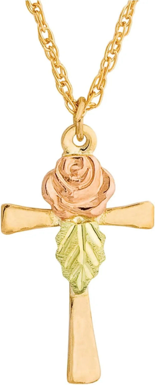 Rose on Cross Pendant Necklace, 10k Yellow Gold & 12k Green and Rose Black Hills Gold Motif, Hand-Engraved Grape Leaves, 18" Chain  Religious Jewelry Gift for Women with Gift Box