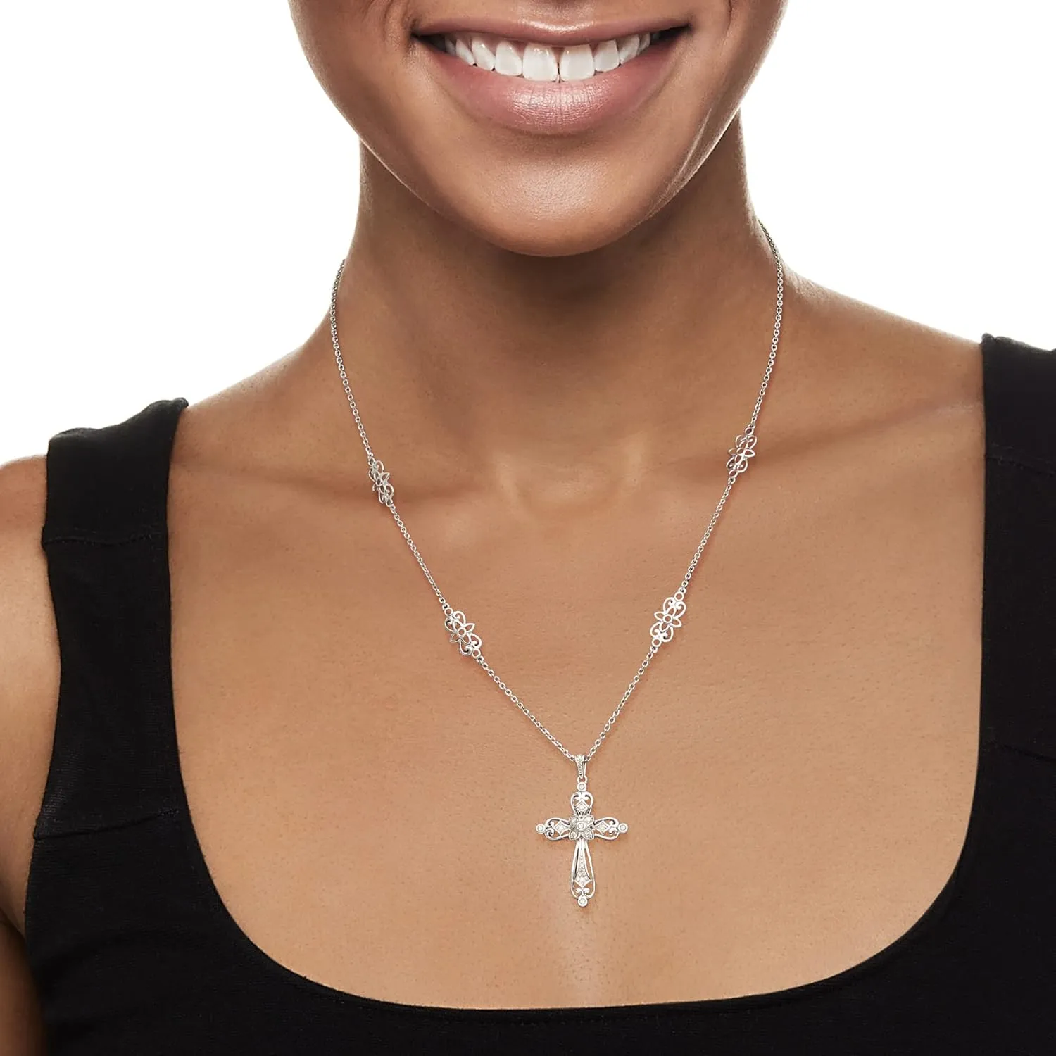 Ross-Simons 0.25 ct. t.w. Diamond Openwork Cross Pendant Necklace in Sterling Silver