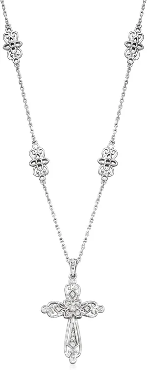 Ross-Simons 0.25 ct. t.w. Diamond Openwork Cross Pendant Necklace in Sterling Silver