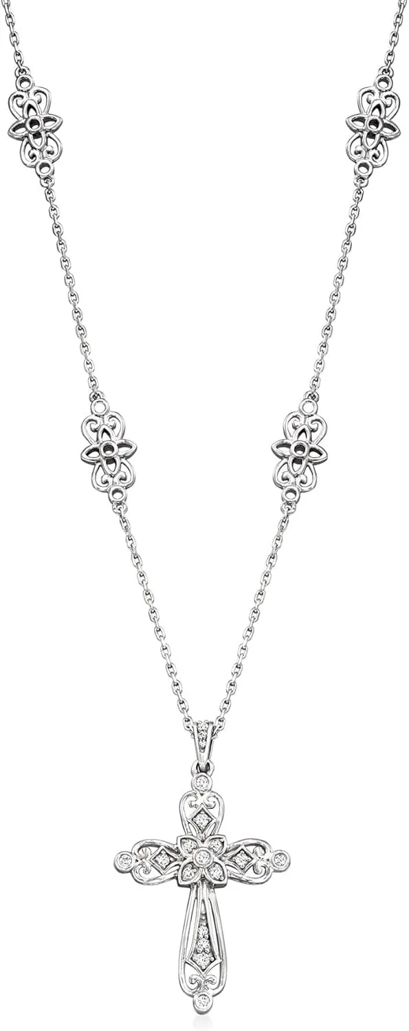 Ross-Simons 0.25 ct. t.w. Diamond Openwork Cross Pendant Necklace in Sterling Silver