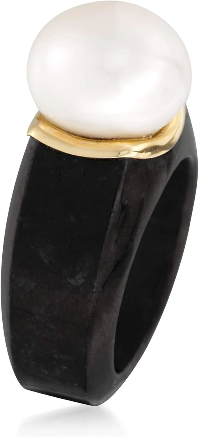 Ross-Simons 13-13.5mm Cultured Pearl and Black Jade Ring With 14kt Yellow Gold