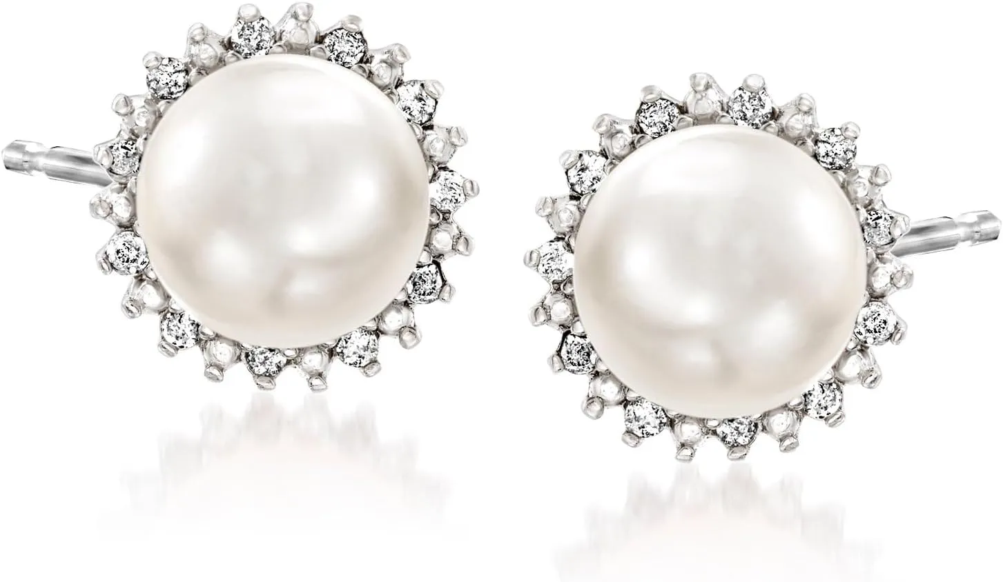 Ross-Simons 7-7.5mm Cultured Button Pearl and .13 ct. t.w. Diamond Stud Earrings in Sterling Silver