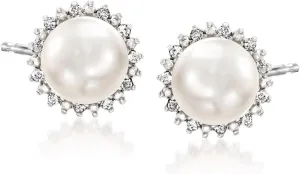 Ross-Simons 7-7.5mm Cultured Button Pearl and .13 ct. t.w. Diamond Stud Earrings in Sterling Silver