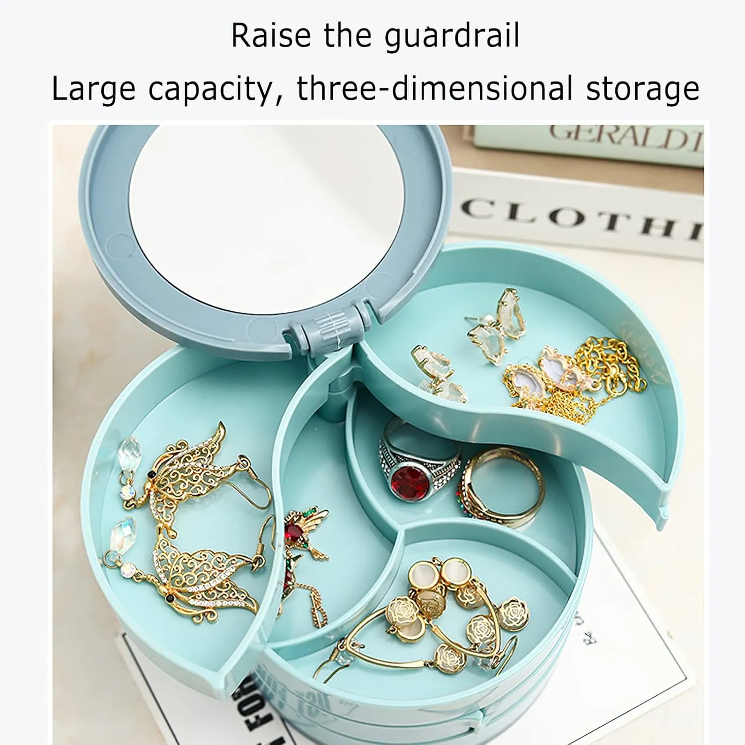 Rotatable Tiered Jewelry Storage, Rotating Jewelry Box, Earring Containers Organizer, Travel Tray with Lid, Rings Necklace Bracelet Display Case, Gift for Girls Mother Women 4-Rotating