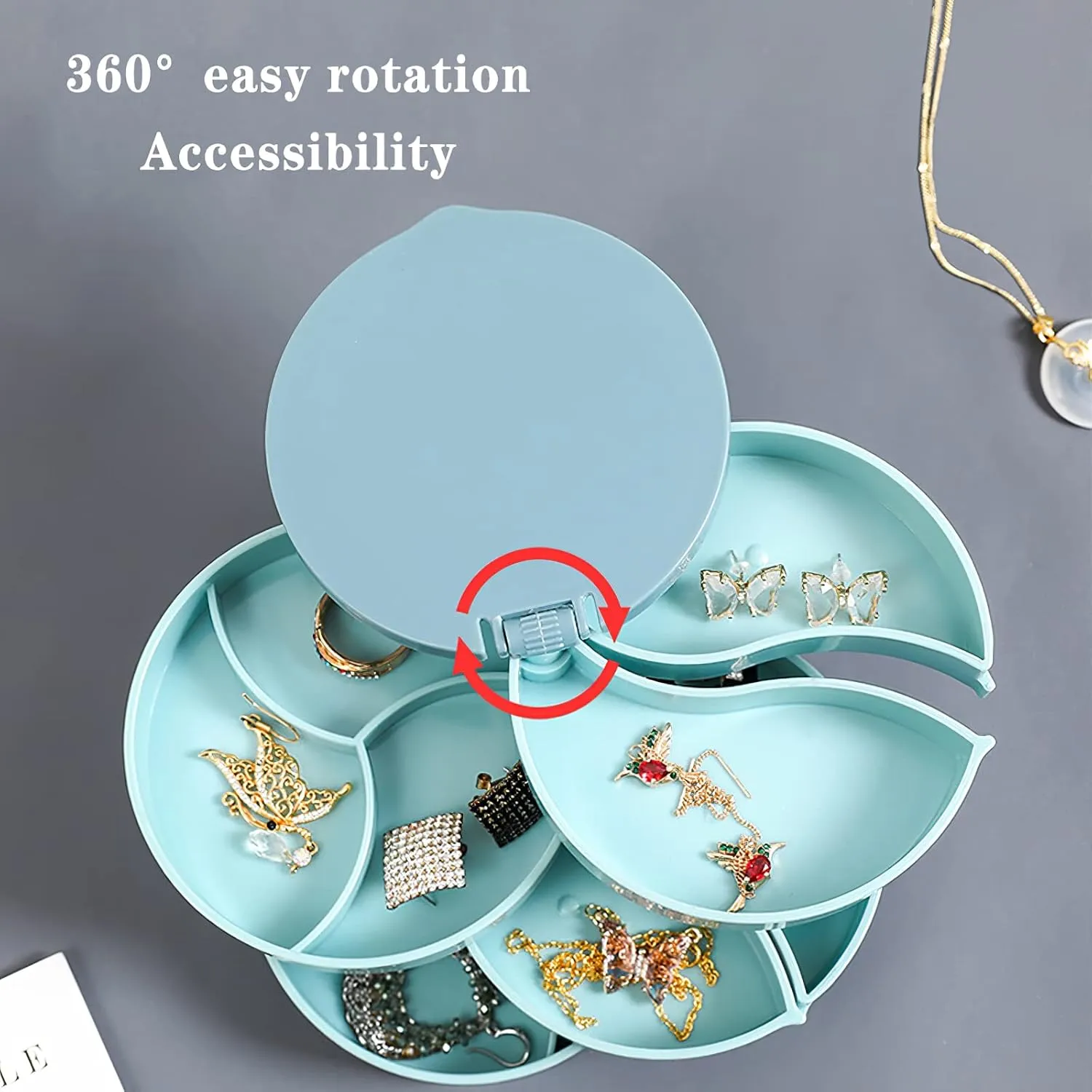 Rotatable Tiered Jewelry Storage, Rotating Jewelry Box, Earring Containers Organizer, Travel Tray with Lid, Rings Necklace Bracelet Display Case, Gift for Girls Mother Women 4-Rotating