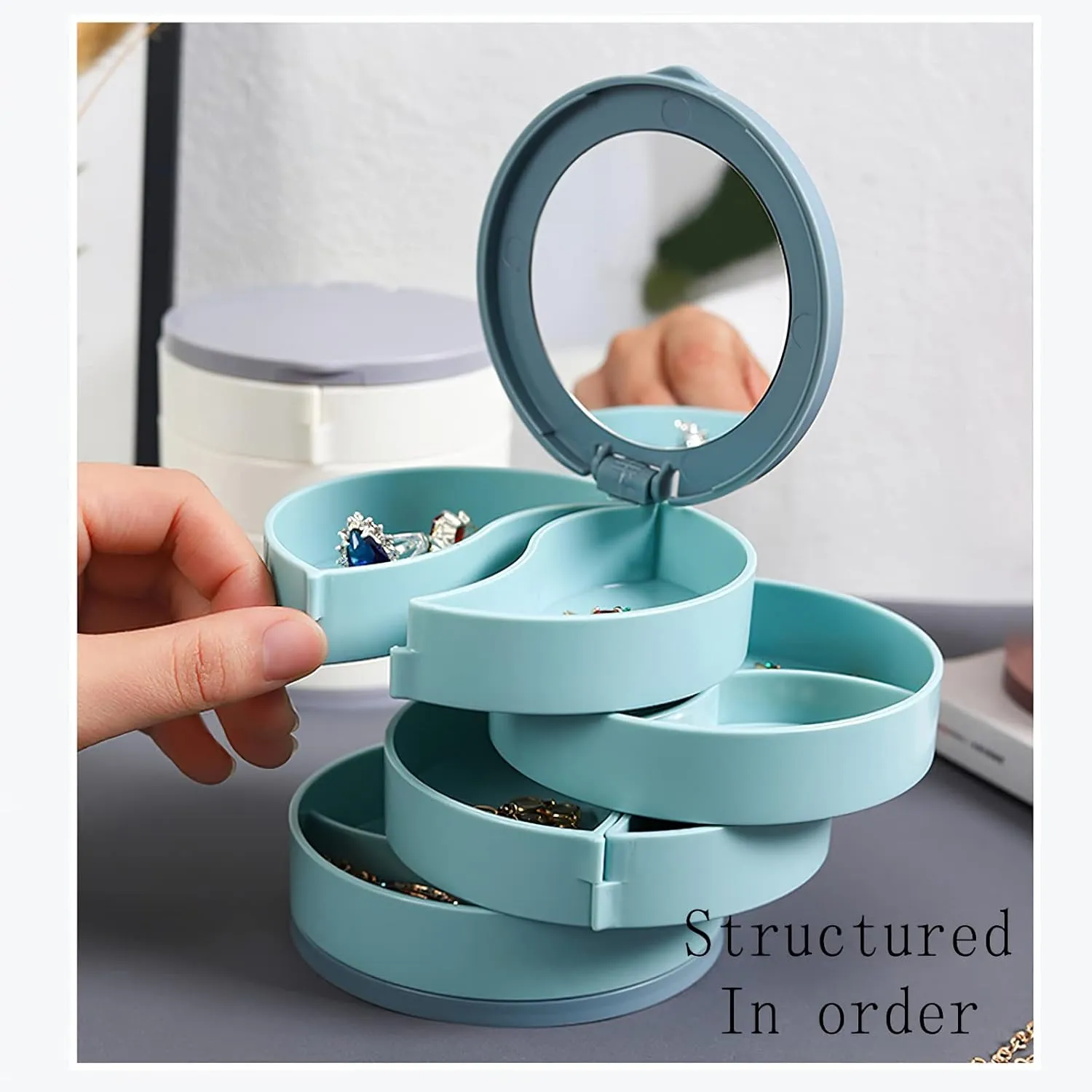 Rotatable Tiered Jewelry Storage, Rotating Jewelry Box, Earring Containers Organizer, Travel Tray with Lid, Rings Necklace Bracelet Display Case, Gift for Girls Mother Women 4-Rotating