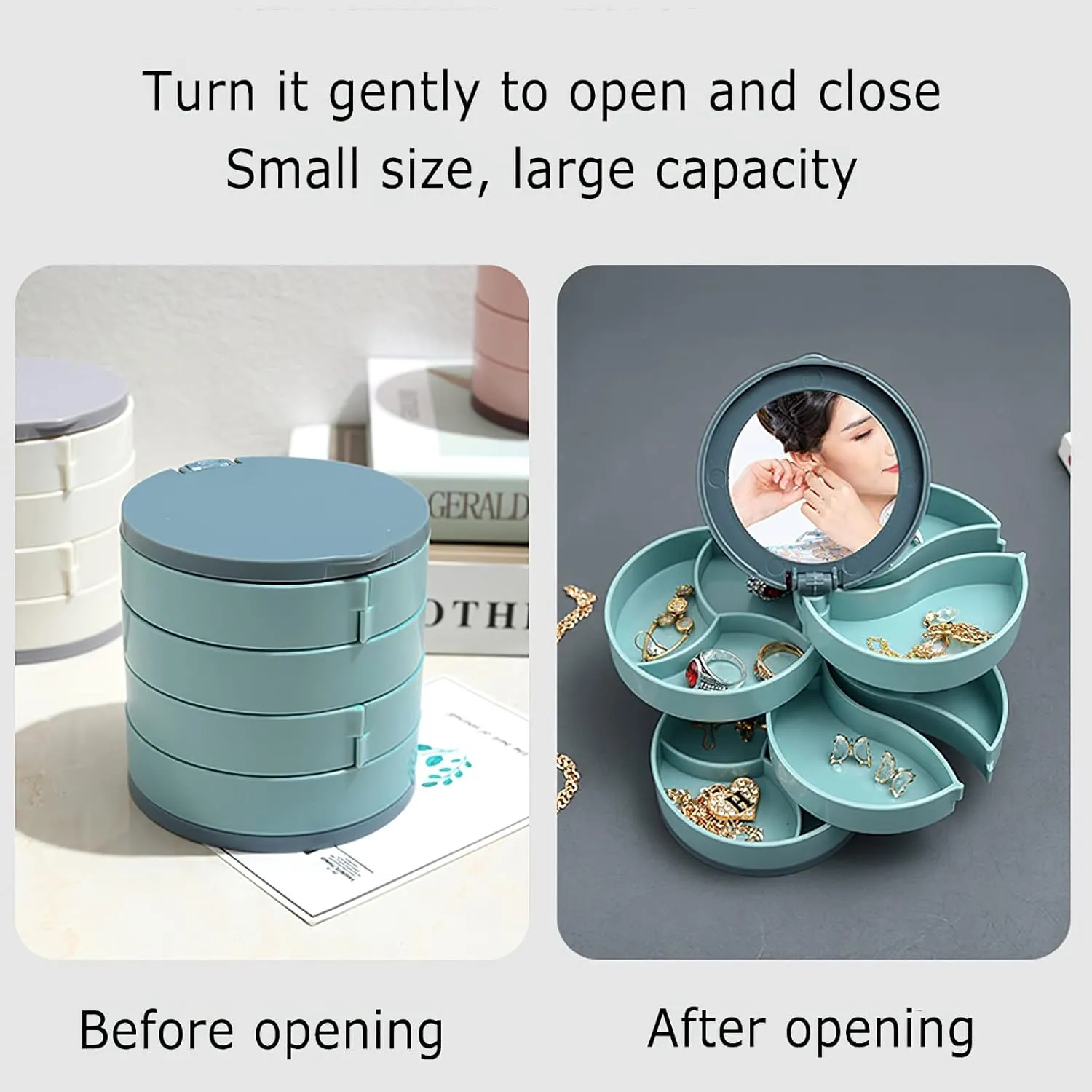 Rotatable Tiered Jewelry Storage, Rotating Jewelry Box, Earring Containers Organizer, Travel Tray with Lid, Rings Necklace Bracelet Display Case, Gift for Girls Mother Women 4-Rotating