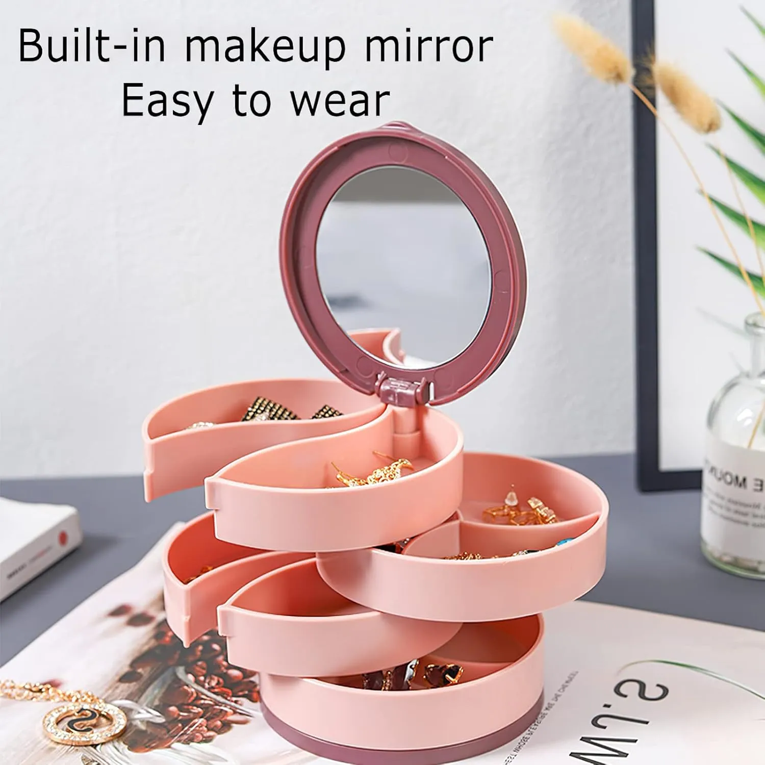 Rotatable Tiered Jewelry Storage, Rotating Jewelry Box, Earring Containers Organizer, Travel Tray with Lid, Rings Necklace Bracelet Display Case, Gift for Girls Mother Women 4-Rotating