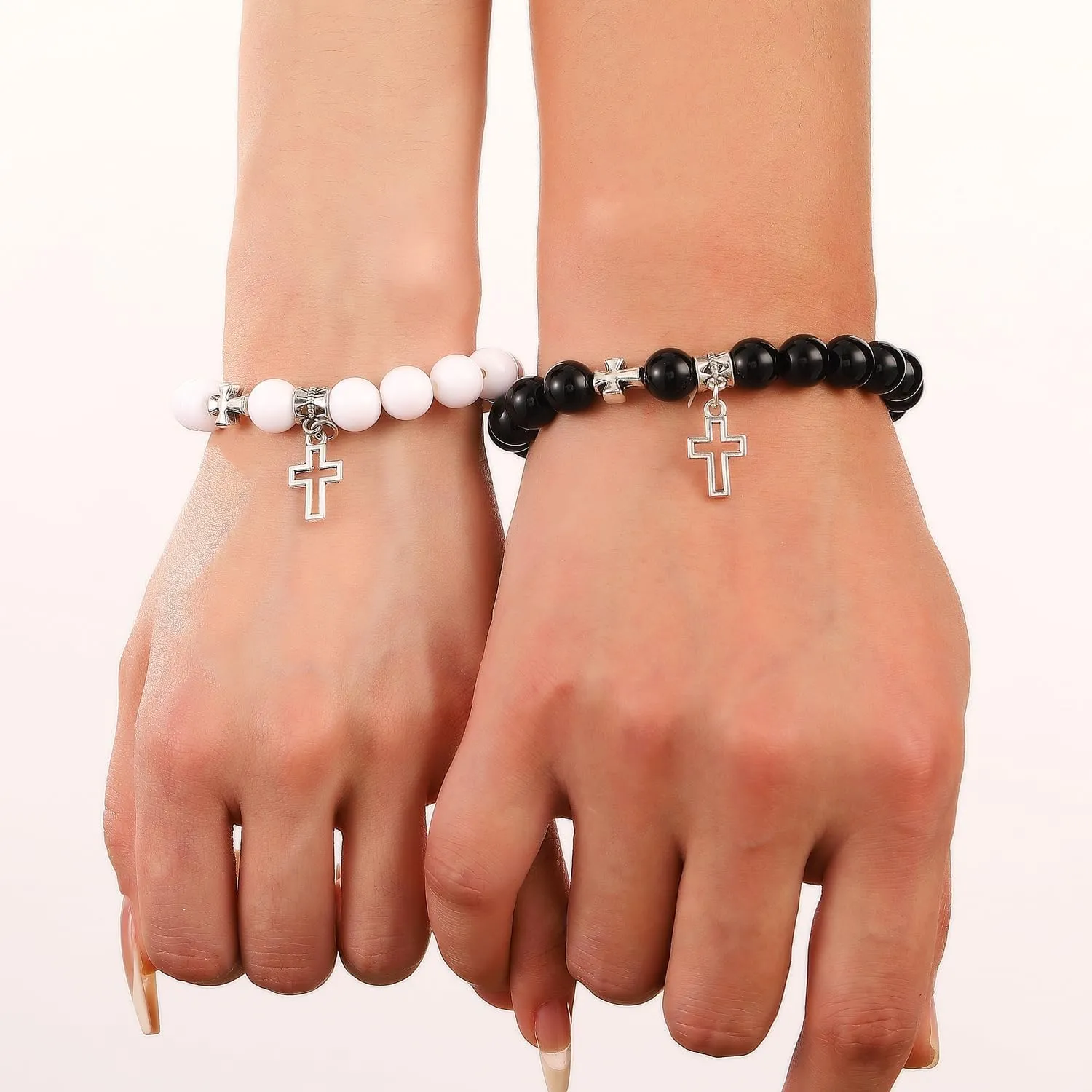RTY 2Pcs Friendship Cross Bracelet Hollow Cross Couple Bracelet Black/white/Pink Beaded Bracelets for 2