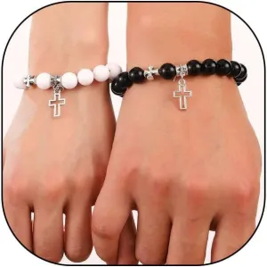 RTY 2Pcs Friendship Cross Bracelet Hollow Cross Couple Bracelet Black/white/Pink Beaded Bracelets for 2