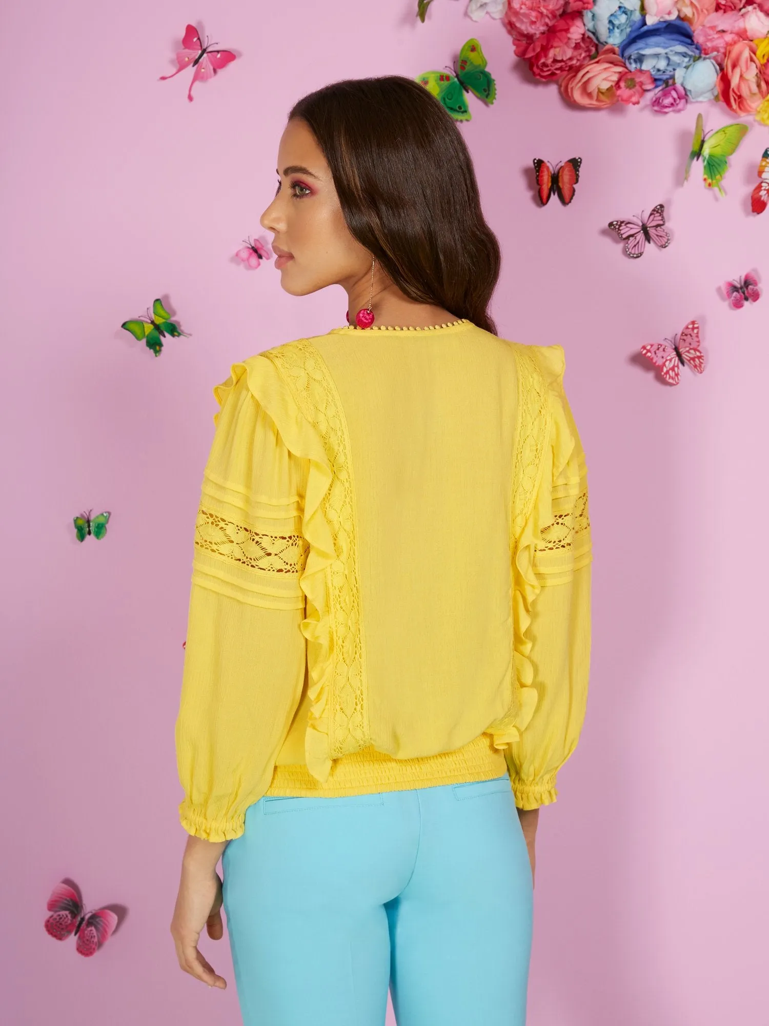 Ruffle-Front Textured 3/4-Sleeve Top