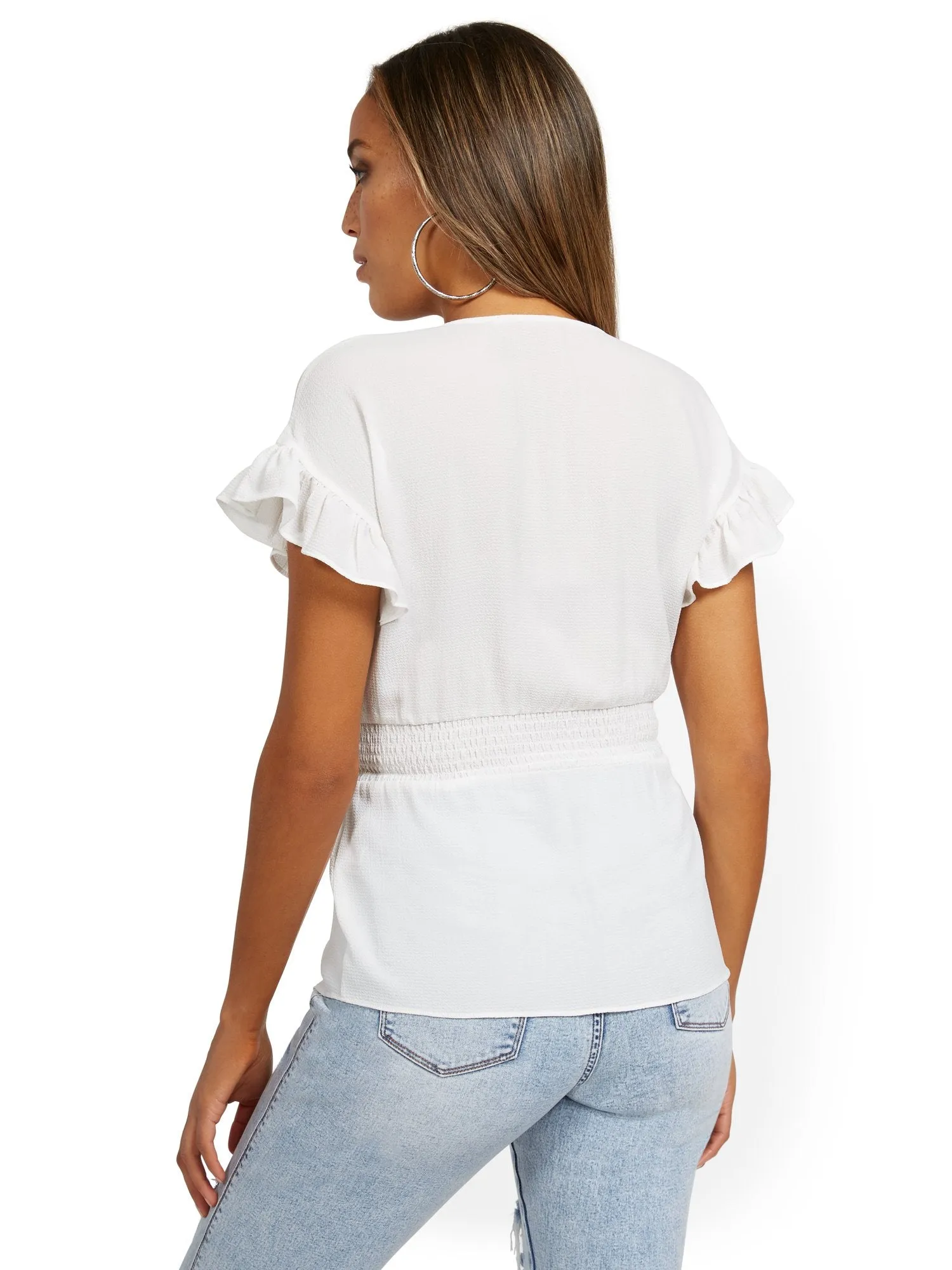 Ruffle-Sleeve Tie-Front V-Neck Top