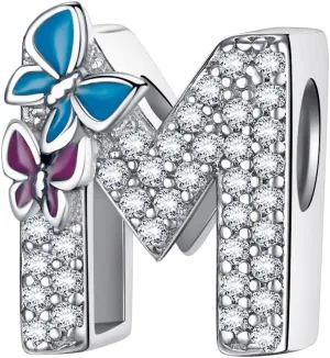 S925 Sterling Silver A~Z Letters Charms with 5A Cubic Zircon Stones, Butterfly Alphabet Beads fit Pandora European Bracelets Gift Options